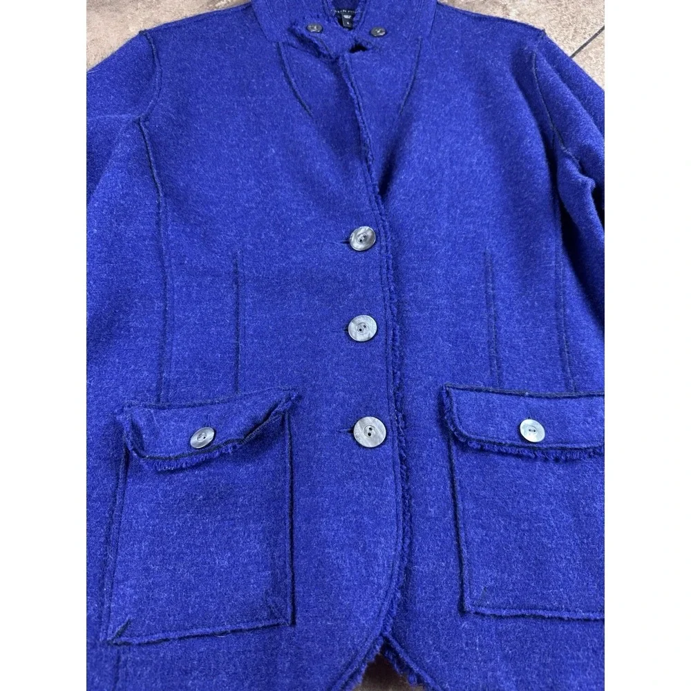 Eileen Fisher Boiled Wool Blazer Jacket Royal Blue Button Lightweight Size Large